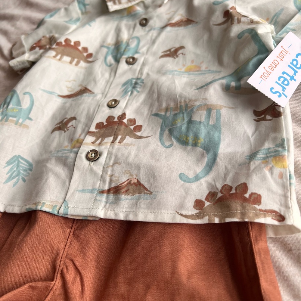 Carter's Dino Print Shirt and Rust Shorts Set - Picture 2 of 5